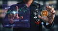 Artificial intelligence concept presented with futuristic technology and data analysis diagrams in the hands of a businessman Royalty Free Stock Photo