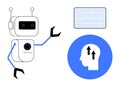 Artificial Intelligence Concept with Robot, Digital Wall, and Human Mind Icon Design Royalty Free Stock Photo