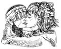 Artificial intelligence concept. Robot and man, Woman and man kiss. Concept love couple. Replicant or Android. Hand