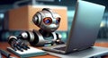 artificial intelligence concept.robot sits at a table with laptops .robot works with a laptop.Working robot on the