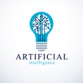 Artificial intelligence concept vector logo design. Human anatomical brain inside of light bulb with electronics technology