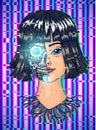 Artificial intelligence concept. A woman with half the face of a robot. Replicant or Android. Glitch background. Hand Royalty Free Stock Photo