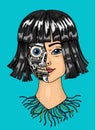 Artificial intelligence concept. A woman with half the face of a robot. Replicant or Android. Hand drawn Future