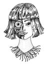 Artificial intelligence concept. A woman with half the face of a robot. Replicant or Android. Hand drawn Future