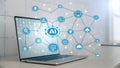 Artificial intelligence and connected technology depicted with laptop and network graphics Royalty Free Stock Photo
