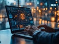Artificial Intelligence Content Generator. A man uses a laptop to interact with AI assistant. AI Generated