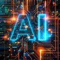 Artificial Intelligence Core: Illuminated AI Text on Circuit Board Royalty Free Stock Photo