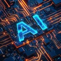 Artificial Intelligence Core: Illuminated AI Text on Circuit Board Royalty Free Stock Photo