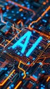 Artificial Intelligence Core: Illuminated AI Text on Circuit Board Royalty Free Stock Photo