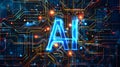 Artificial Intelligence Core: Illuminated AI Text on Circuit Board Royalty Free Stock Photo