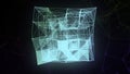 Artificial intelligence creating blue gradient plexus cubic 3D figure. Motion. Glowing beautiful transforming cube
