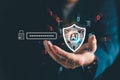 Artificial intelligence cybersecurity concept with digital shield, password protection, and binary data. Modern AI technology for Royalty Free Stock Photo