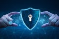Artificial Intelligence Cybersecurity Protection Concept with Human Hands Securing Digital Shield and AI Key, Advanced Data Royalty Free Stock Photo