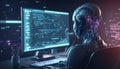 Artificial intelligence, cyborg using computer and typing keyboard, Technology in future, Writing programming codes. Generative AI