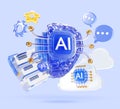 Artificial intelligence 3d blue background. Futuristic glass human brain with ai chip, data server, clouds, speech