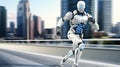 Artificial intelligence 3D robot running in futuristic cyber space metaverse background, digital world smart city