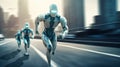 Artificial intelligence 3D robots running in futuristic cyber space metaverse background, digital world smart city