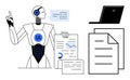 Artificial Intelligence Robot Analyzing Data Documents and Communicating Insights with Laptop Royalty Free Stock Photo