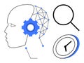 Artificial Intelligence Concept with Human Head, Neural Network, Magnifying Glass, and Clock Symbol Royalty Free Stock Photo