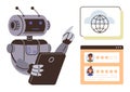 AI Robot Analyzing Online Data with Tablet and Internet Icons Global Network and User Ratings Royalty Free Stock Photo