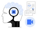 Artificial Intelligence Concept with Human Brain, Data Analysis Document, and Video Symbol Royalty Free Stock Photo