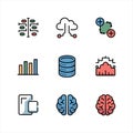 Artificial Intelligence and Data Analytics Colored Line Icons Set with Brain, Cloud and Database Symbols Royalty Free Stock Photo