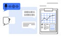 Data Analysis and Speech Recognition Concept with Charts, Binary Code, and Communication Elements Royalty Free Stock Photo