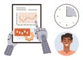 Robotics and Technology Analyzing Data Chart with Human Profile and Clock Illustrations Royalty Free Stock Photo
