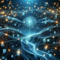 Artificial intelligence data pathways. Blockchain field interactions. Network connection streams Royalty Free Stock Photo