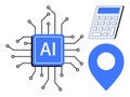 Artificial Intelligence Concept with Circuit Board Connections, Calculator, and Location Pin Royalty Free Stock Photo