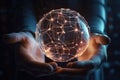 Artificial intelligence development for future of people living. Two hands hold a glowing ball of energy. Generative AI Royalty Free Stock Photo