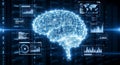 Artificial intelligence digital brain concept with glowing neural network and data analytics dashboard in server room background Royalty Free Stock Photo