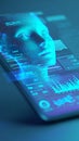 Artificial intelligence digital face hologram smartphone user interface data analytics blue light future technology cyber Royalty Free Stock Photo