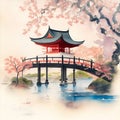 image of the traditional Japanese watercolor painting art featuring cherry blossoms,pagoda,bridge,bamboo and serene landscape. Royalty Free Stock Photo