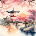 image of the traditional Japanese watercolor painting art featuring cherry blossoms,pagoda,bridge,bamboo and serene landscape. Royalty Free Stock Photo