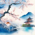 image of the traditional Japanese watercolor painting art featuring cherry blossoms,pagoda,bridge,bamboo and serene landscape. Royalty Free Stock Photo