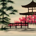 image of the traditional Japanese watercolor painting art featuring cherry blossoms,pagoda,bridge,bamboo and serene landscape. Royalty Free Stock Photo