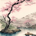 image of the traditional Japanese watercolor painting art featuring cherry blossoms,pagoda,bridge,bamboo and serene landscape. Royalty Free Stock Photo