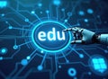 Artificial Intelligence in Education Concept: Robotic Hand Touching a Glowing \'edu\' Butto Royalty Free Stock Photo