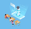 Artificial intelligence in education. Isometric vector robot teacher and students