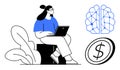Woman Using Laptop with Neural Network and Dollar Sign Artificial Intelligence and Financial Technology Royalty Free Stock Photo