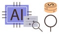 Artificial Intelligence AI Concept with Chip Icon, Search Tools, and Digital Currency Elements Royalty Free Stock Photo
