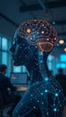Artificial intelligence with flowing data streams and binary codes, surrounded by holographic symbols and digital graphs around Royalty Free Stock Photo