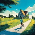 comic book art images of the either a young boy or girl riding a bicyle along the beautiful country road.