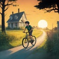 comic book art images of the either a young boy or girl riding a bicyle along the beautiful country road.