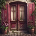 eucaustic image of french house with an old grungy colored wooden door.