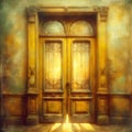 eucaustic image of french house with an old grungy colored wooden door.