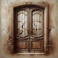 eucaustic image of french house with an old grungy colored wooden door.