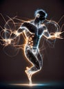 image of an abstract shadowy human figure dancing form made up of wires and string lights on the moody dark stage. Royalty Free Stock Photo