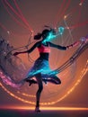 image of an abstract shadowy human figure dancing form made up of wires and string lights on the moody dark stage. Royalty Free Stock Photo